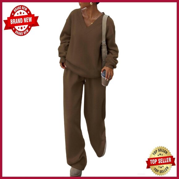 V-Neck Sweatshirt & Wide Leg Pants Set Knit Fabric Sizes S-XXL